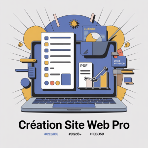 Illustration d’un pack digital “Création Site Web Pro” : ordinateur portable affichant checklists, guides PDF et icônes de visioconférence, avec des éléments graphiques dynamiques, sur fond blanc, couleurs bleu foncé et jaune.